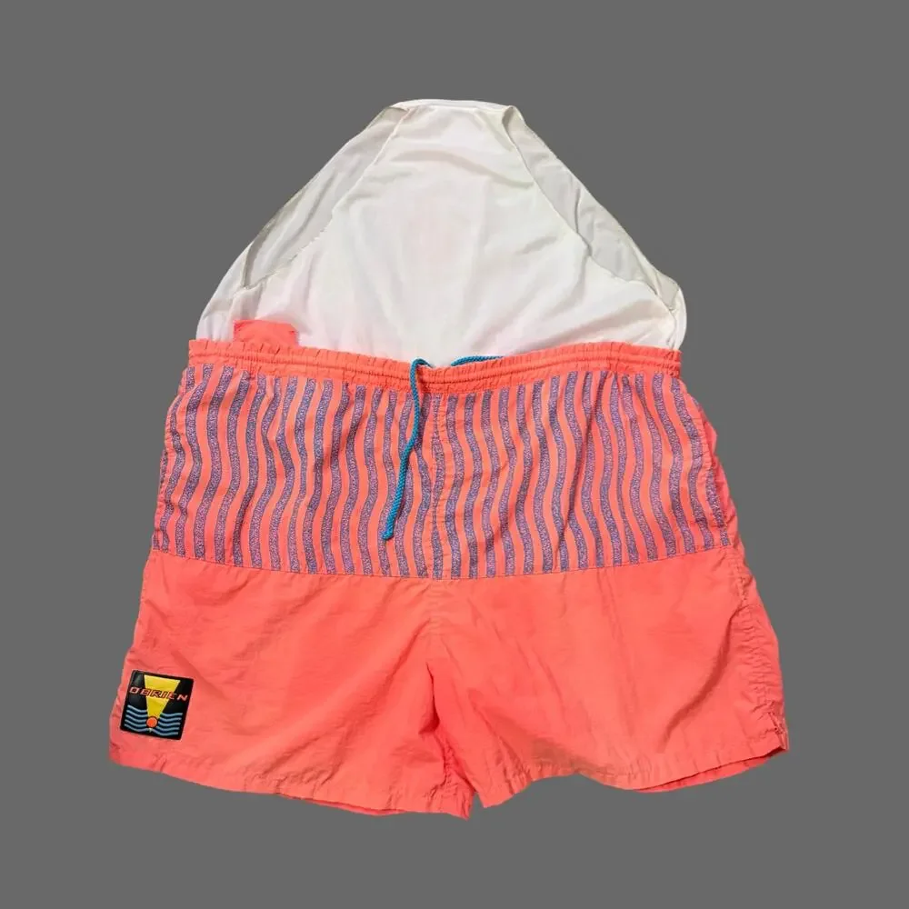 O’Brien VTG 80s 90s Neon Pink Orange Swim Trunks Size 39